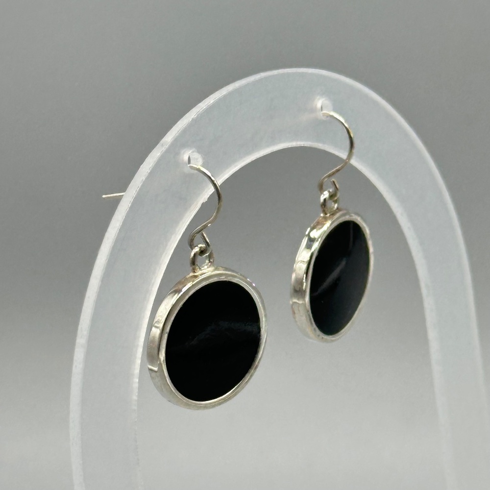 Sterling Silver and Black Onyx Artisan Dangle Circle Earrings Boho TESTED